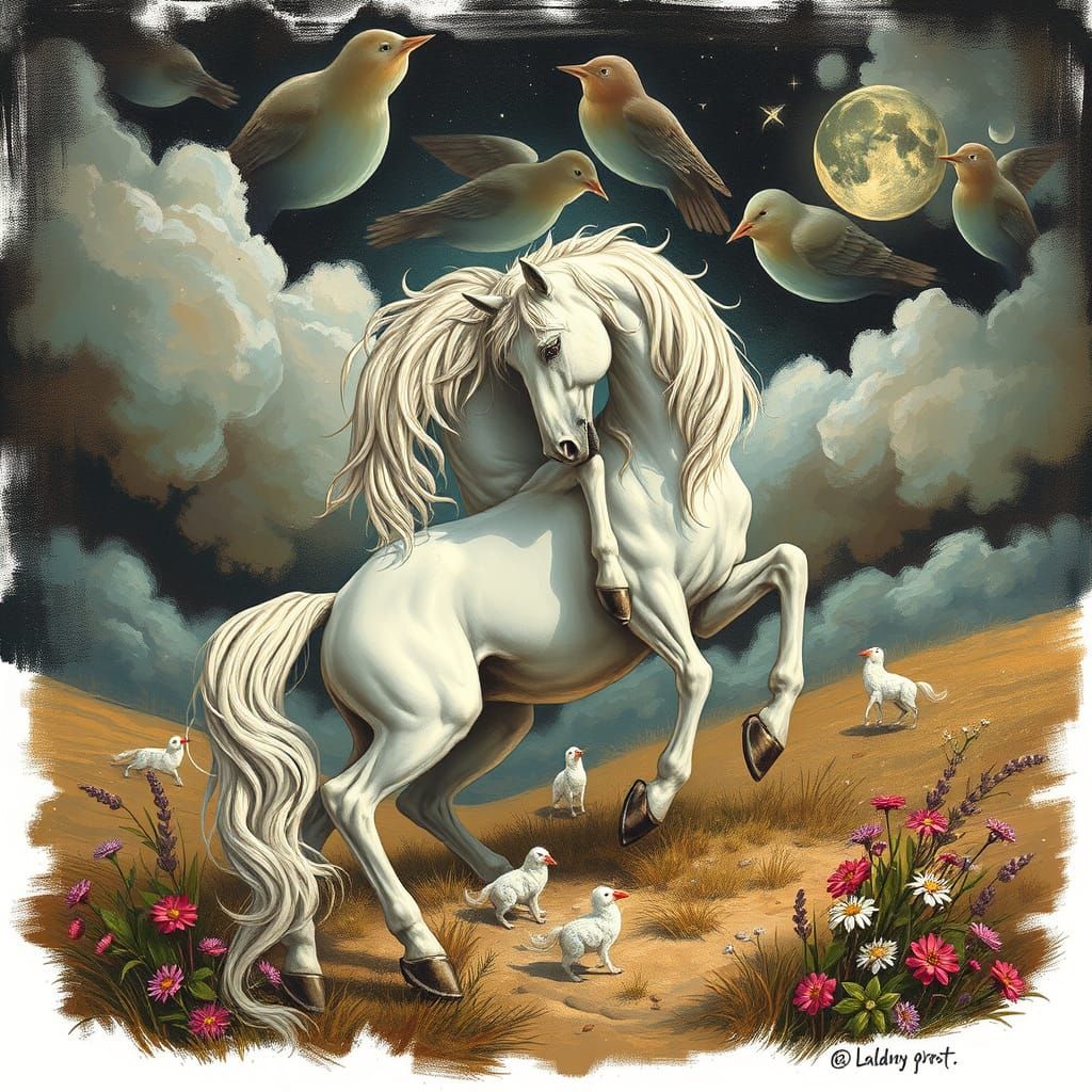 Mythical Unicorn's Gentle Embrace in Whimsical Art