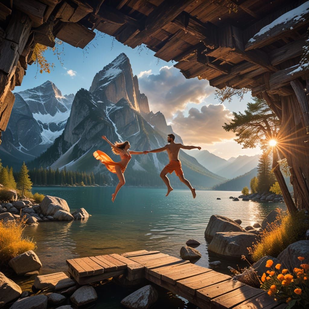 Joyful Leap into Mountain Lake at Sunrise