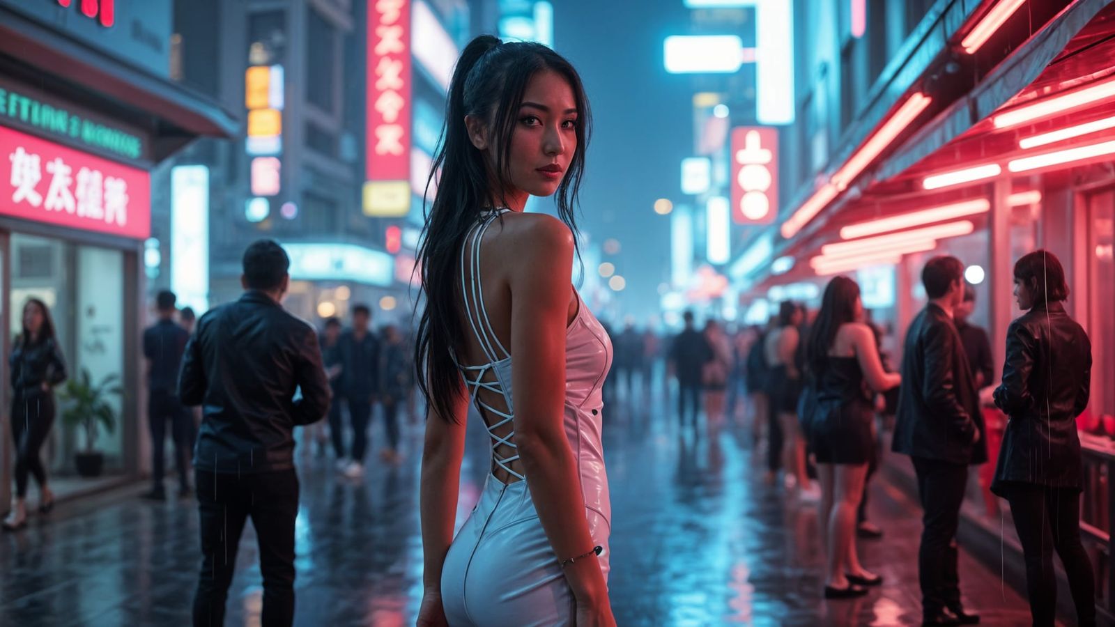 Futuristic Asian Woman with Neon Lights in Cyberpunk City