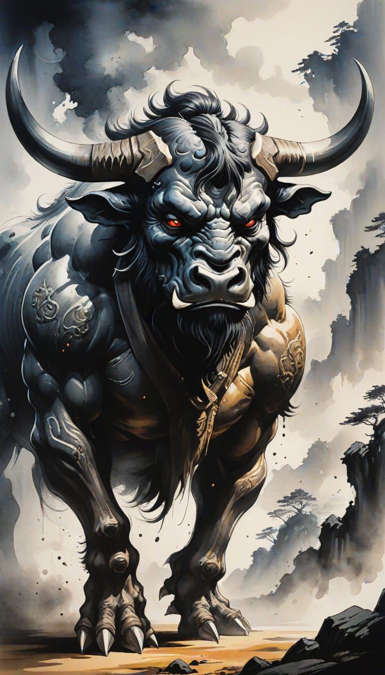 Minotaur Warrior in Onryo-e Style Ink Painting