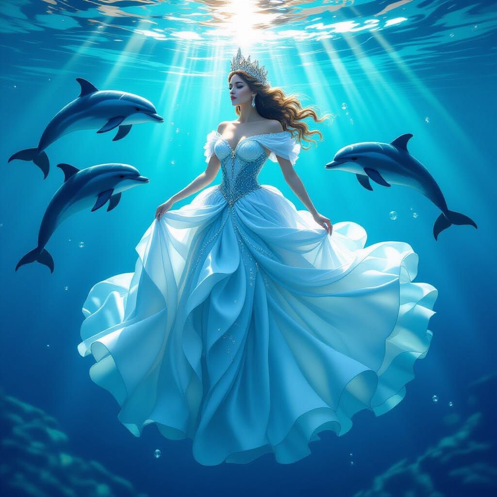 Ocean Queen Floating Above Crystal Waters in Opulent Fantasy...