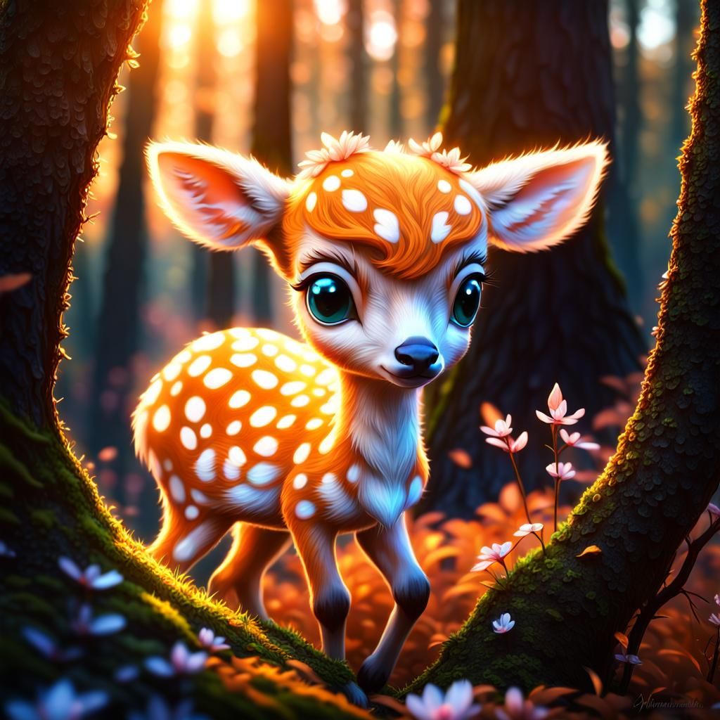 Cute Blue-Eyed Fawn in Ethereal Forest