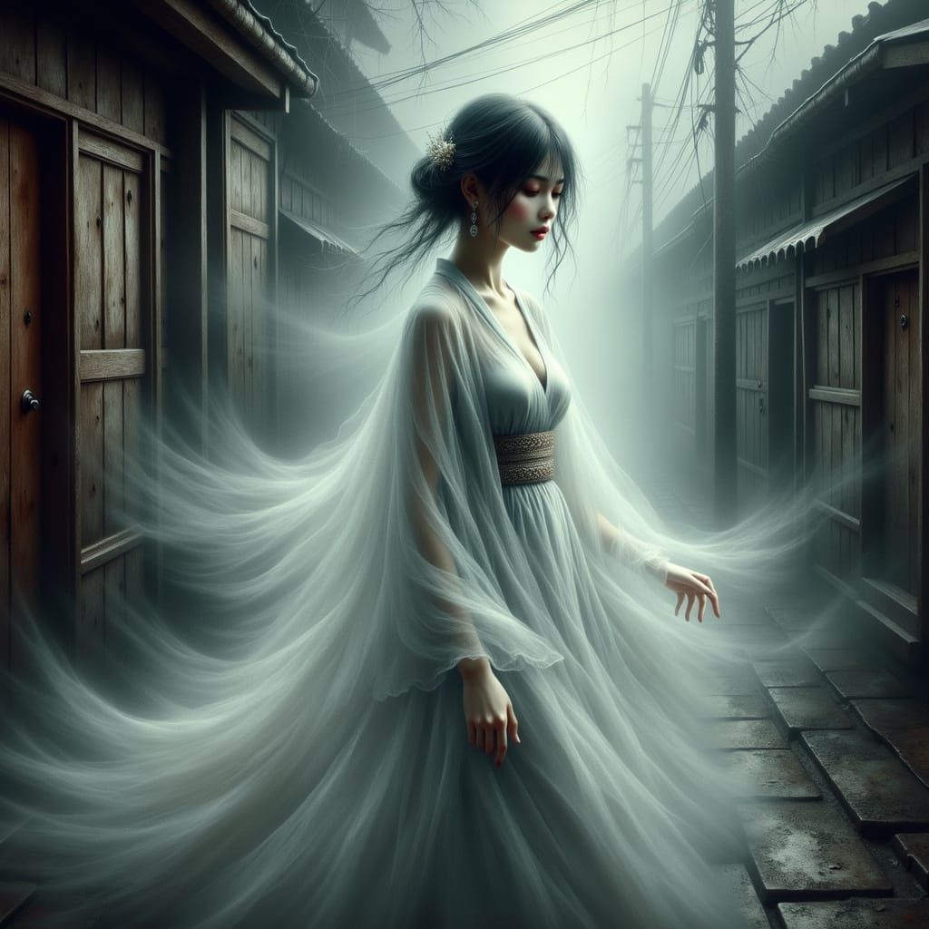 Ethereal Spirit of a Japanese-American Woman in a Foggy Alle...
