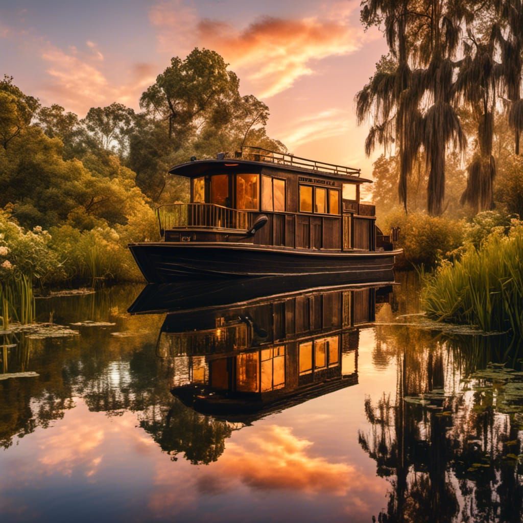 Swamp Houseboat at Sunrise: Photorealistic Digital Art
