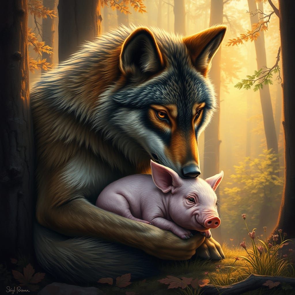 Wolf Nursing Piglet in Lush Forest, Oil Painting Style