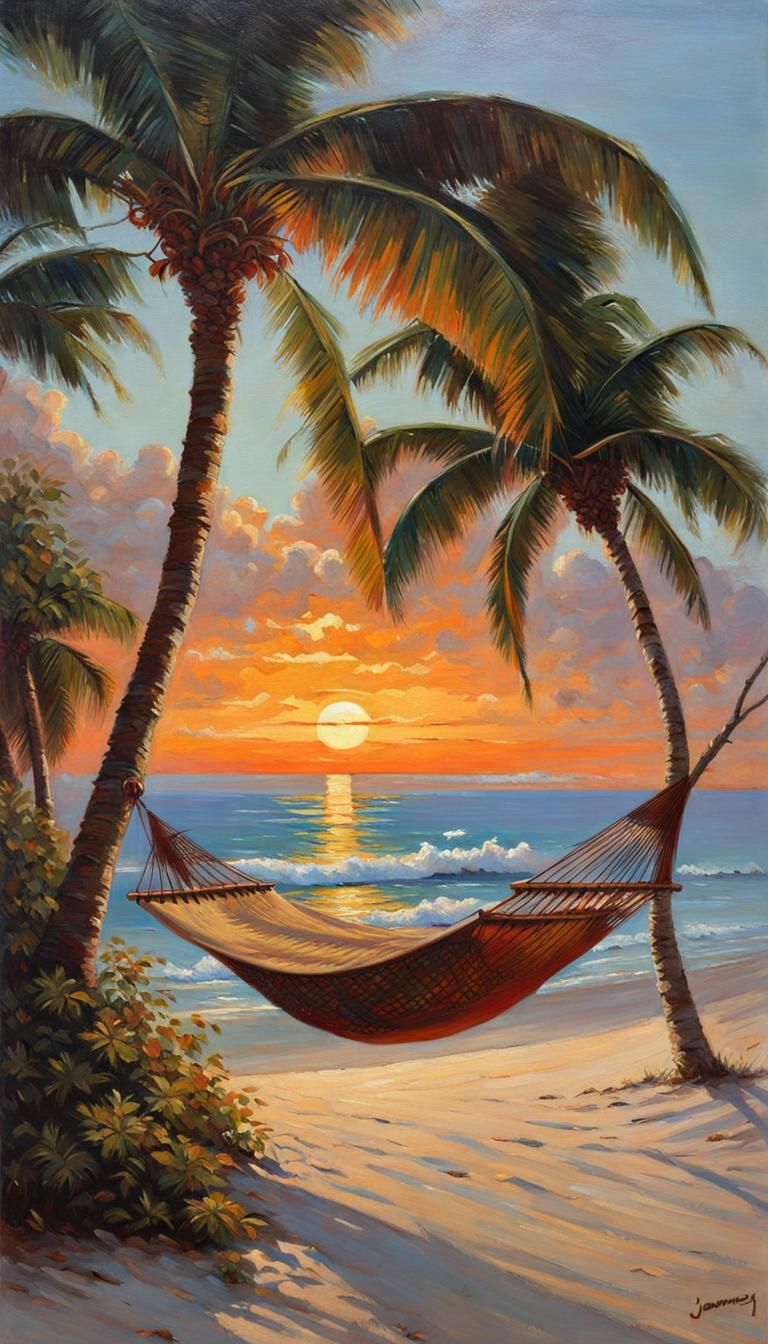 Hammock at Sunset: Oil Painting Beach Scene