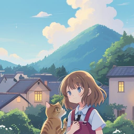 Anime Girl Feeding Kitten in Cityscape, Studio Trigger Style