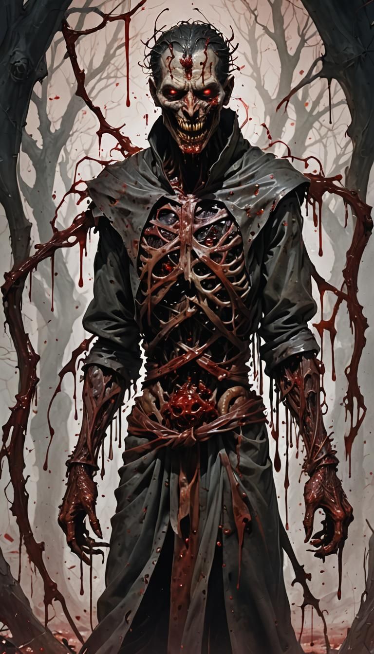 Horrific Blood-Drenched Figure of Flayed Skin and Sinew