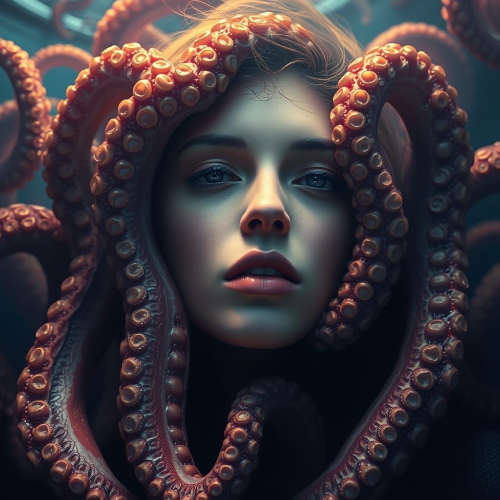 Surreal Fantasy Portrait with Octopus and Dreamlike Woman