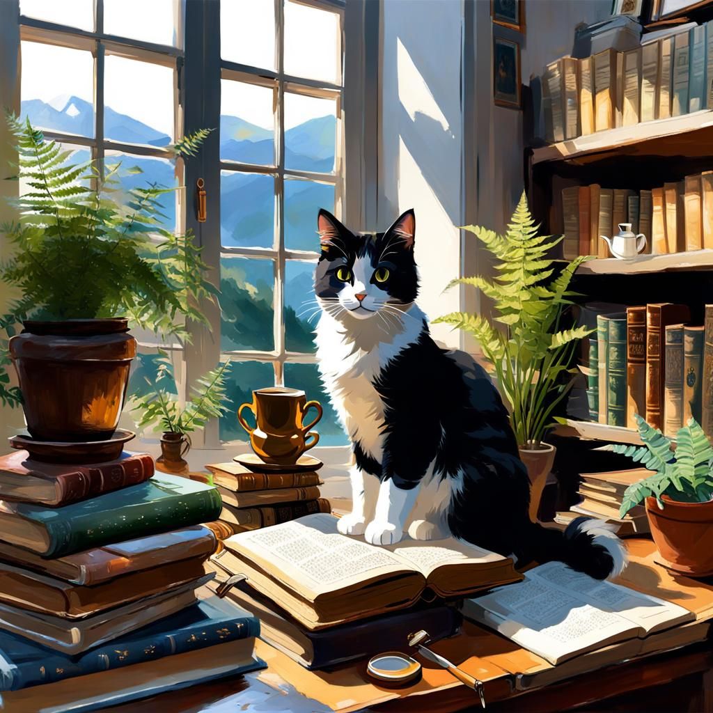 Sparkling Cat in Anime-Style Artist's Studio