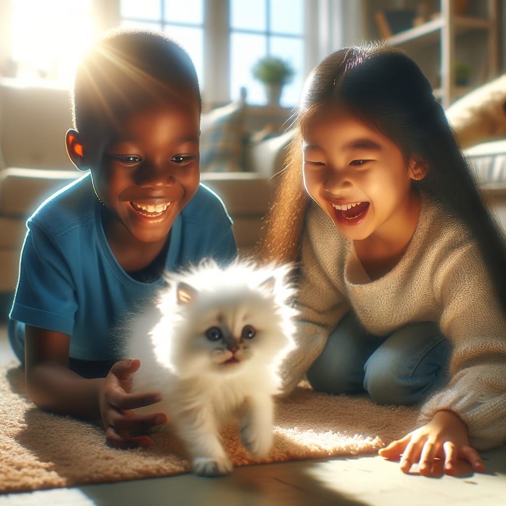 Joyful Children Play with a Captivating Kitten in a Cozy Roo...