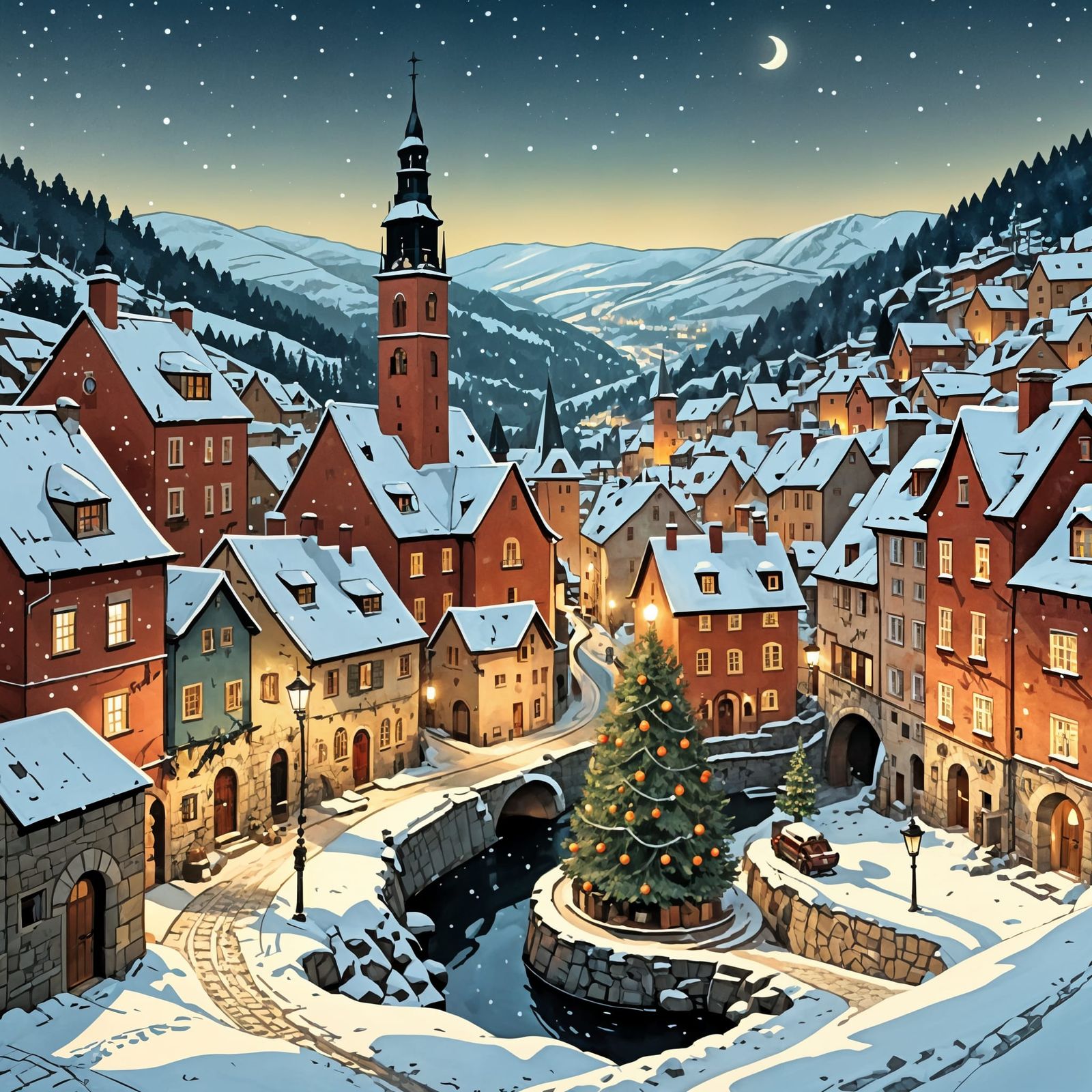 Magical Snowy Village Scene in Cozy Greeting Card Style