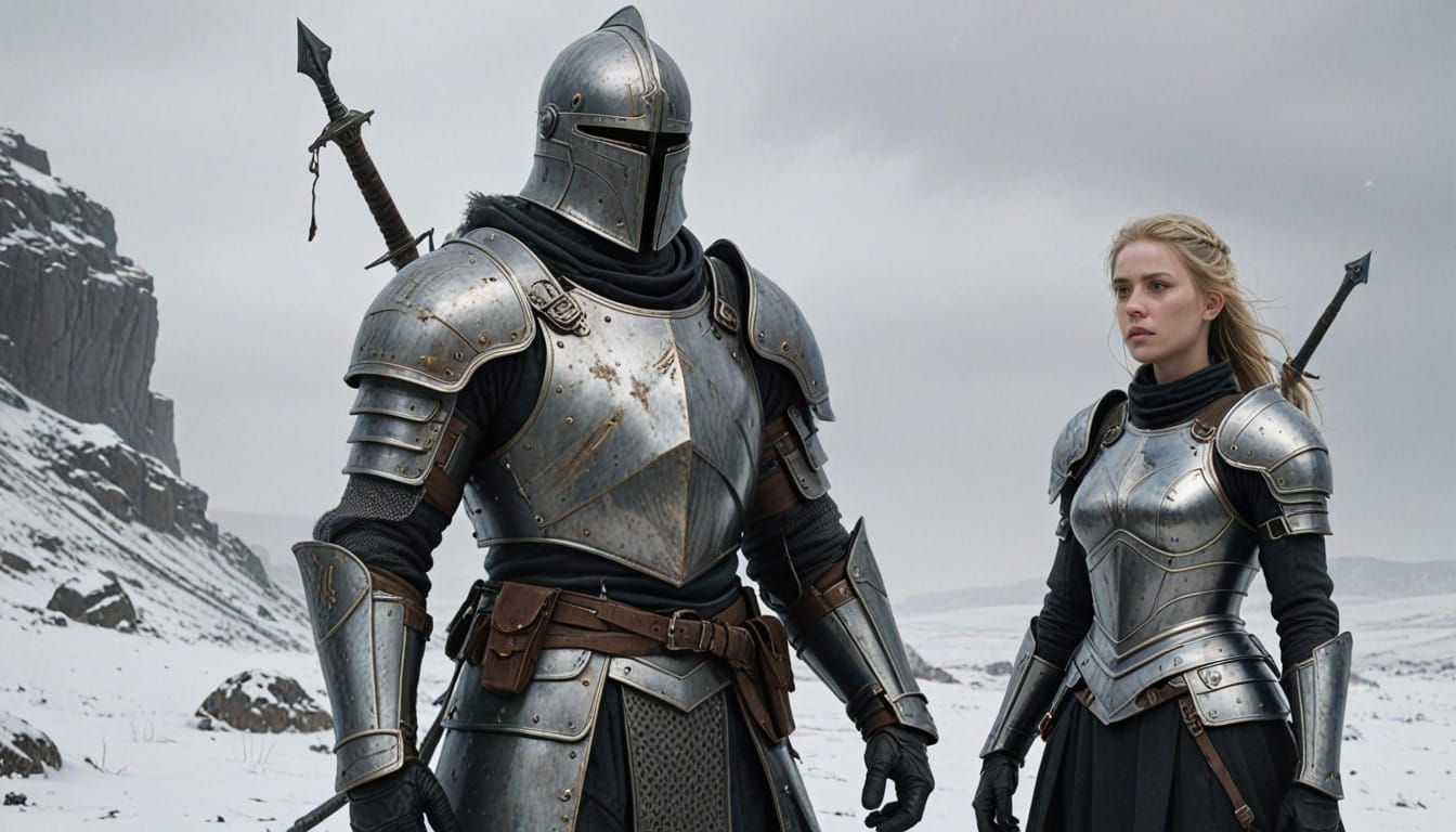 Winter's Tragic Knight, Beside a Blonde Maiden in Faded Armo...
