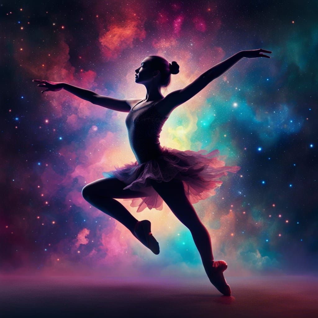 Ballet Dancer Silhouette with Colorful Nebula Background