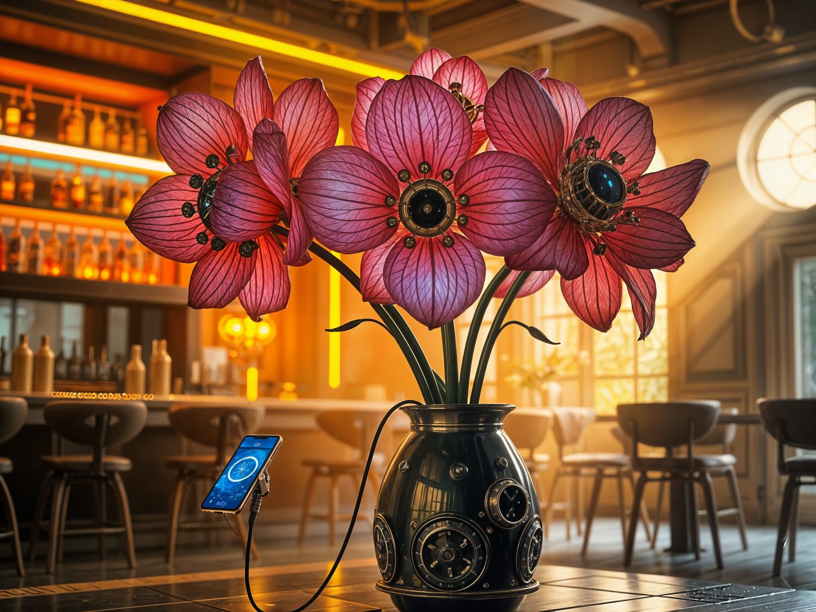 Glowing Art Nouveau Mechanical Flowers Harnessing Energy