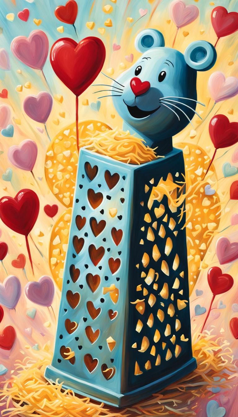 Smiling Cheese Grater Surrounded by Hearts in Dreamy Scene