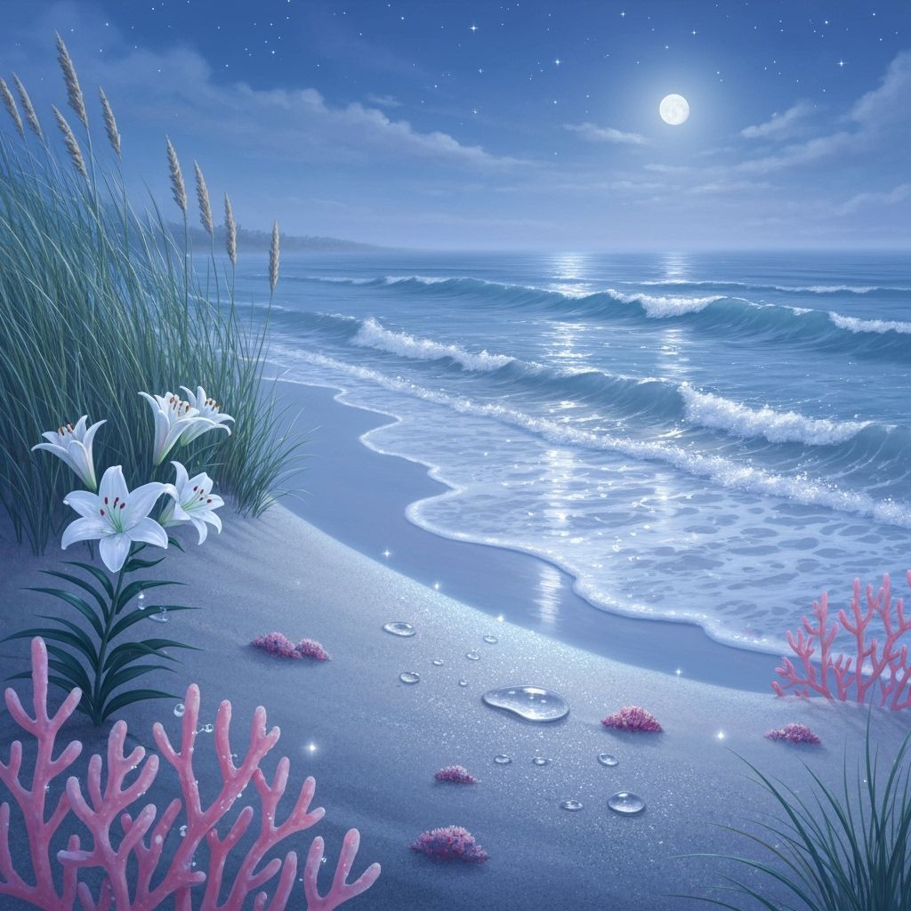 Bioluminescent Ocean Shore Under Moonlight and Starlight