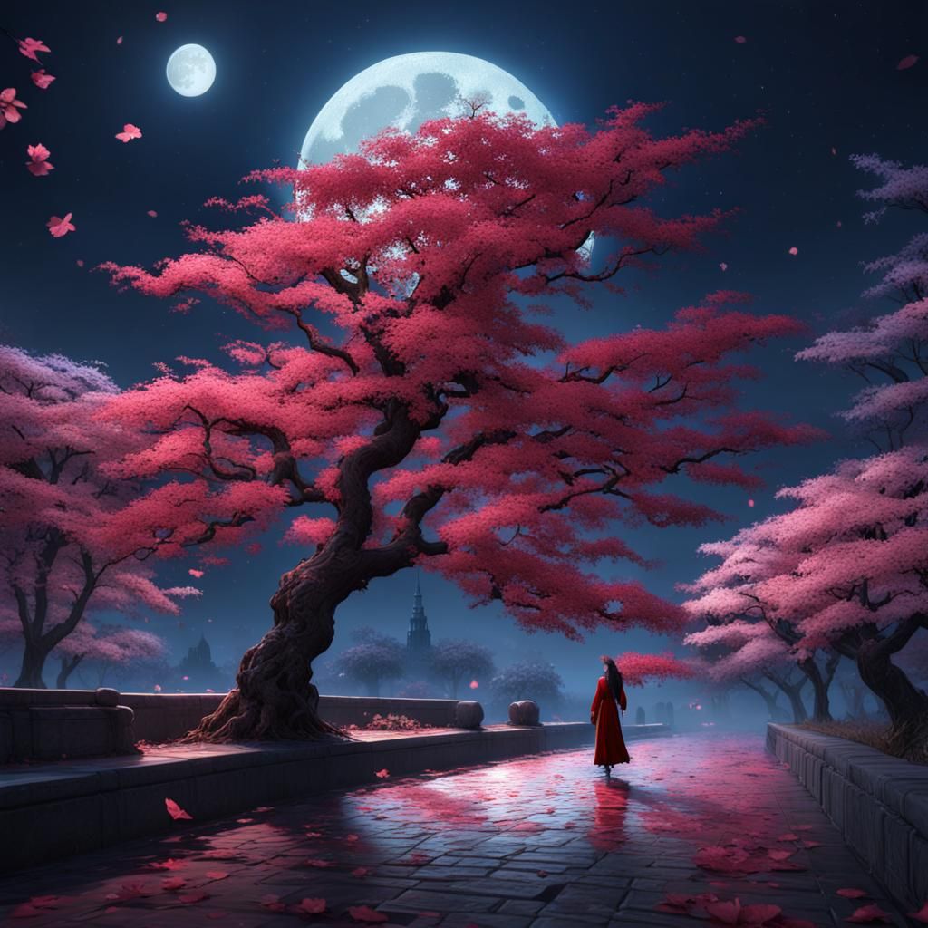 Woman Gazing at Moon with Falling Cherry Blossoms