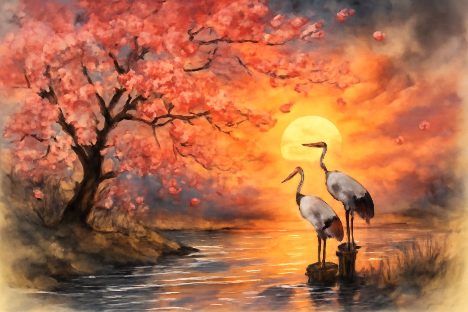 Elegant Cranes by Cherry Blossom Creek at Sunrise in Ink and...