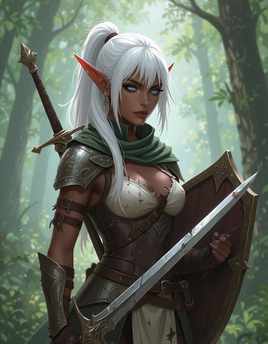 Ebony Elf Scout With Rapier and Shield in Forest Clearing