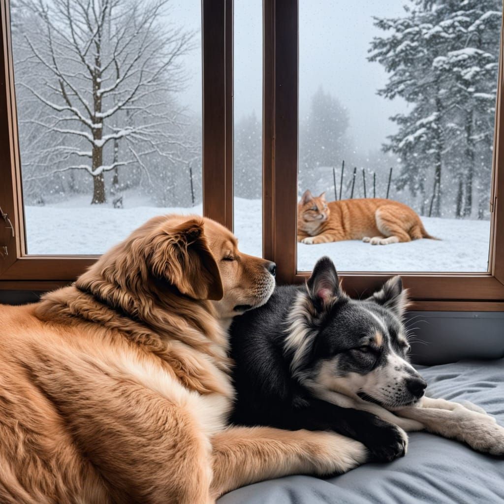 Serenity in Winter Wonderland: Dogs and Cats at Peace
