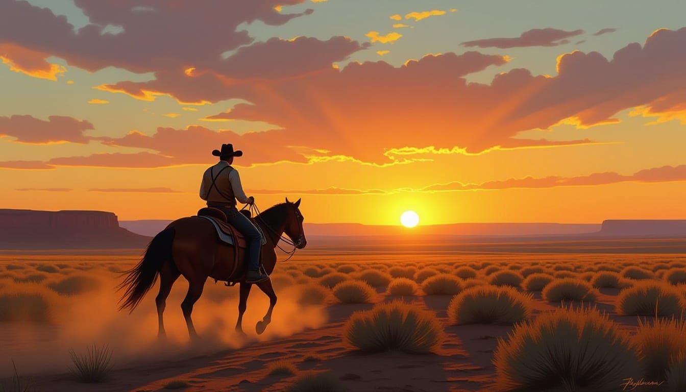 Lone Cowboy Silhouette at Sunset Oil Painting