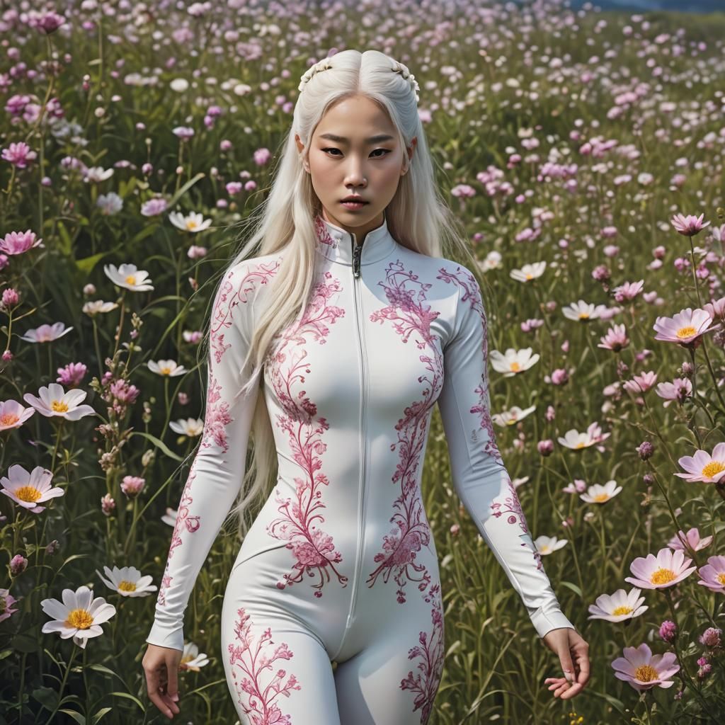 Asian American Fantasy Model in Latex Bodysuit amidst Wildfl...