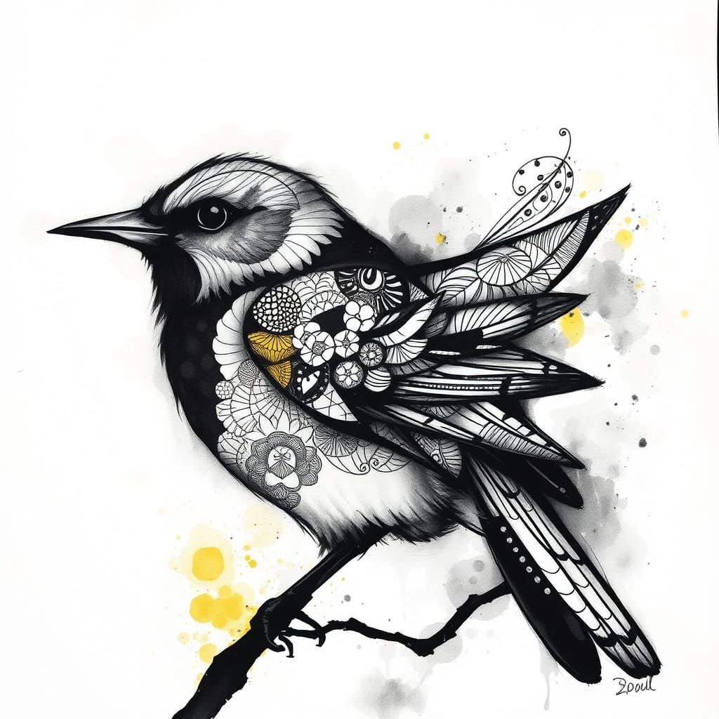 Abstract Zentangle Bird Charcoal Drawing