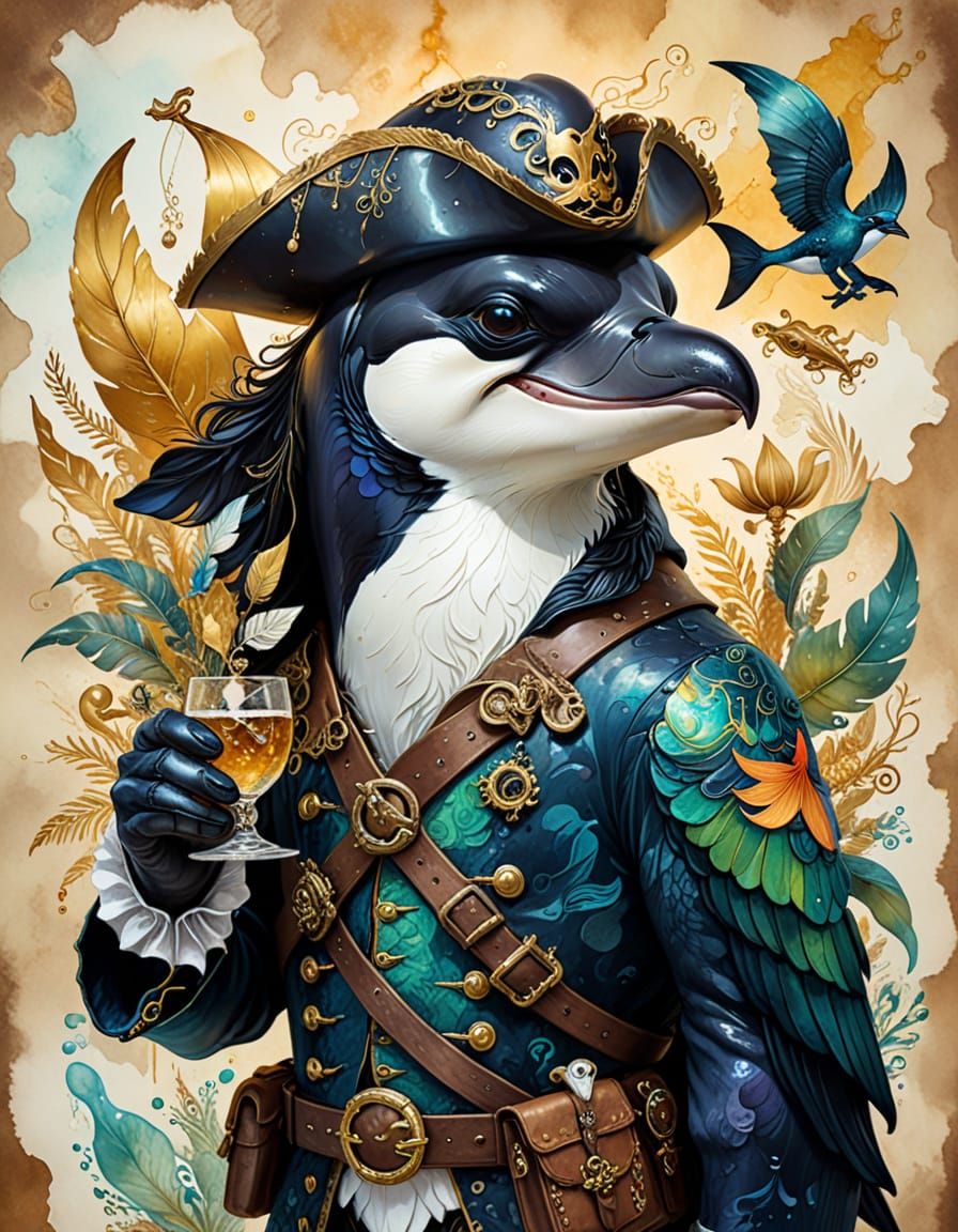 Killer Whale Pirate in Surreal Alcohol Ink Painting