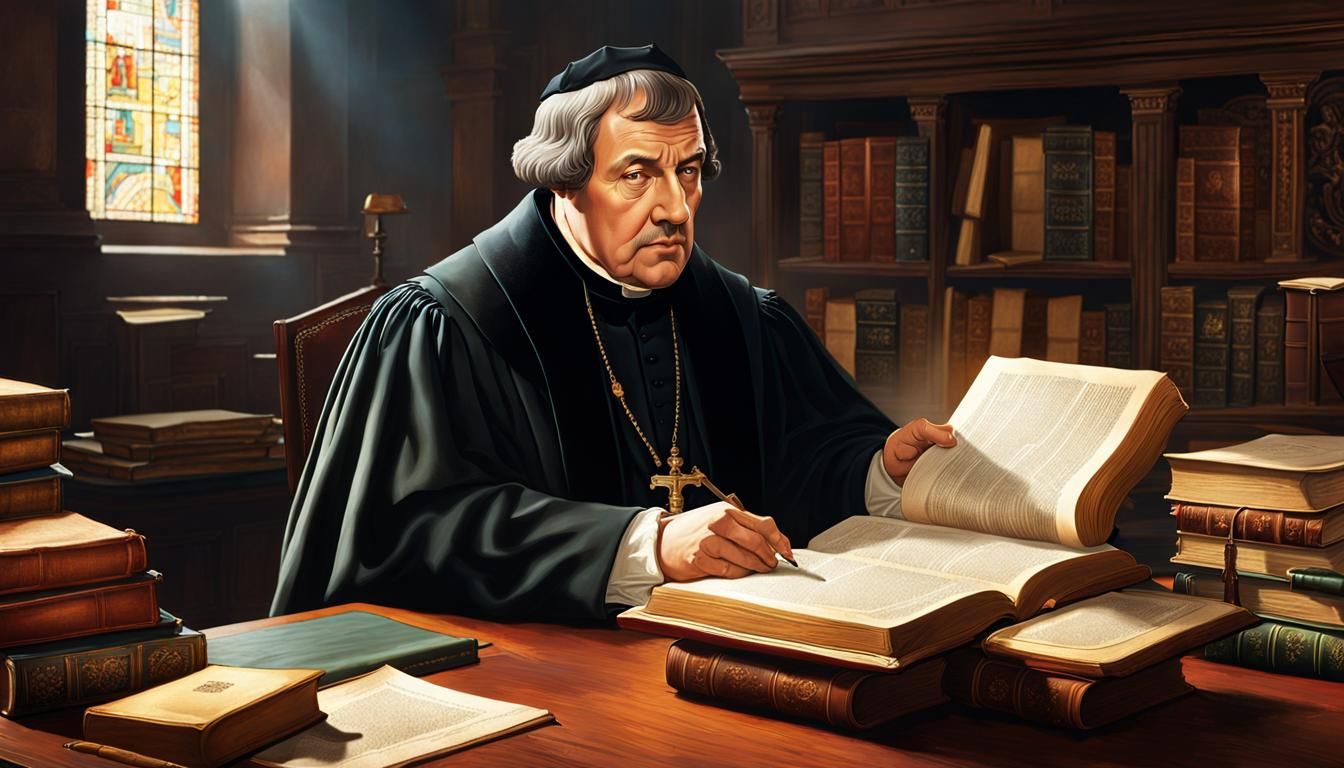 Reformer old Martin Luther at his desk while working...