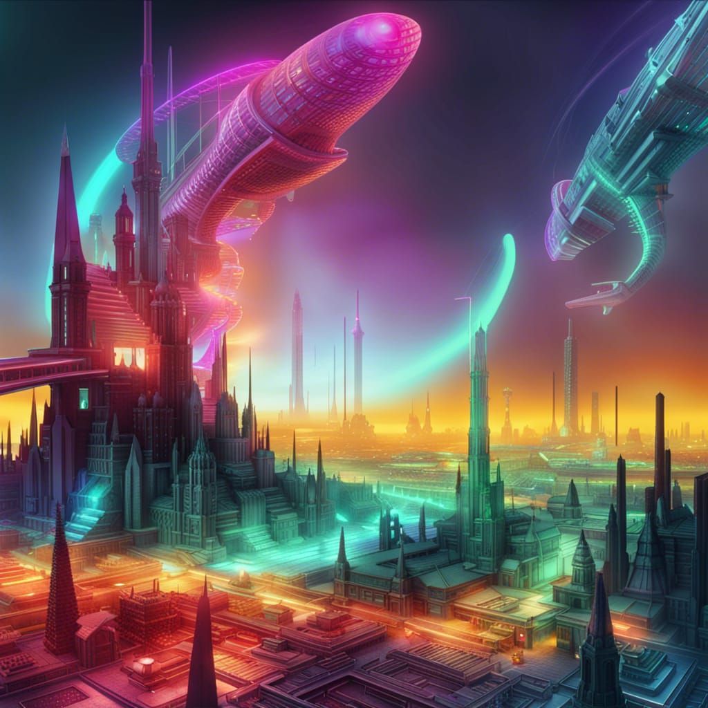 Colorful Sci-Fi City with Dark Academia Elements