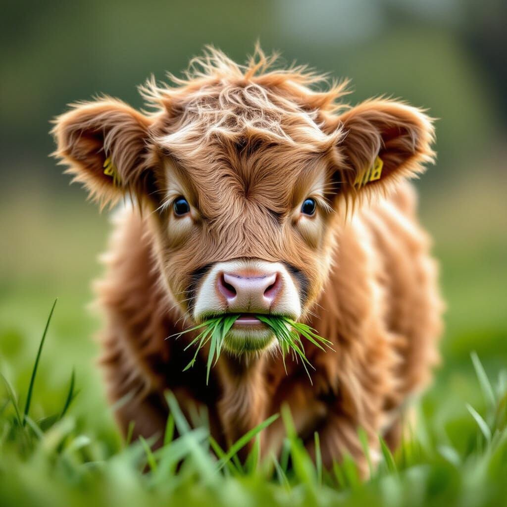 Scottish Highland Calf Munching Grass: Wildlife Photography