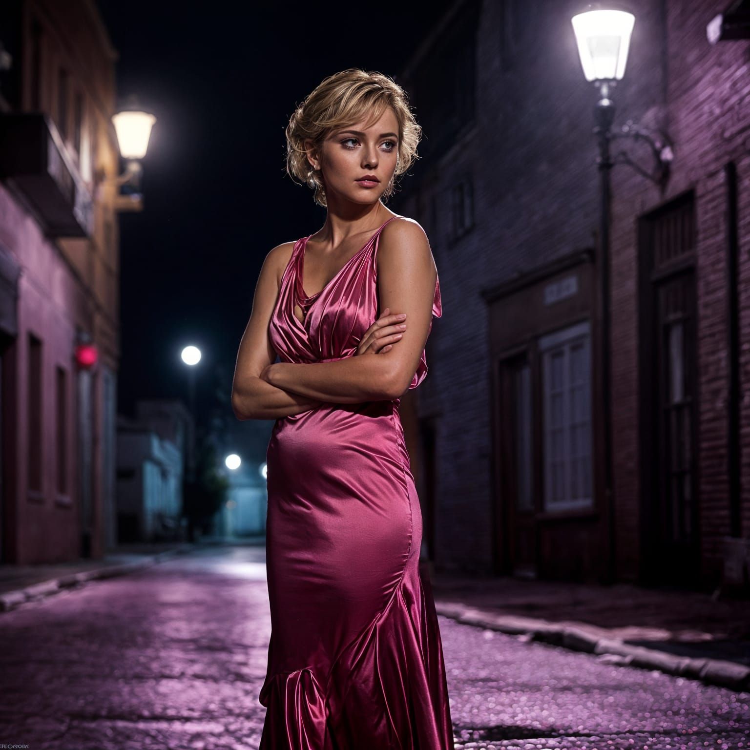 Moonlit Street: Woman in Pink Satin Dress