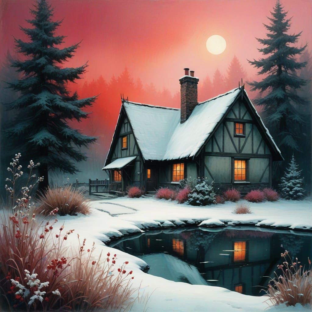Winter Scene in Weathered Tudor Cottage Style