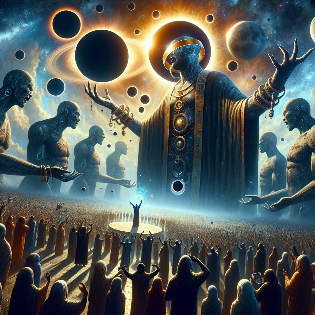 Solar Eclipse Oil Painting with Mystic Figures