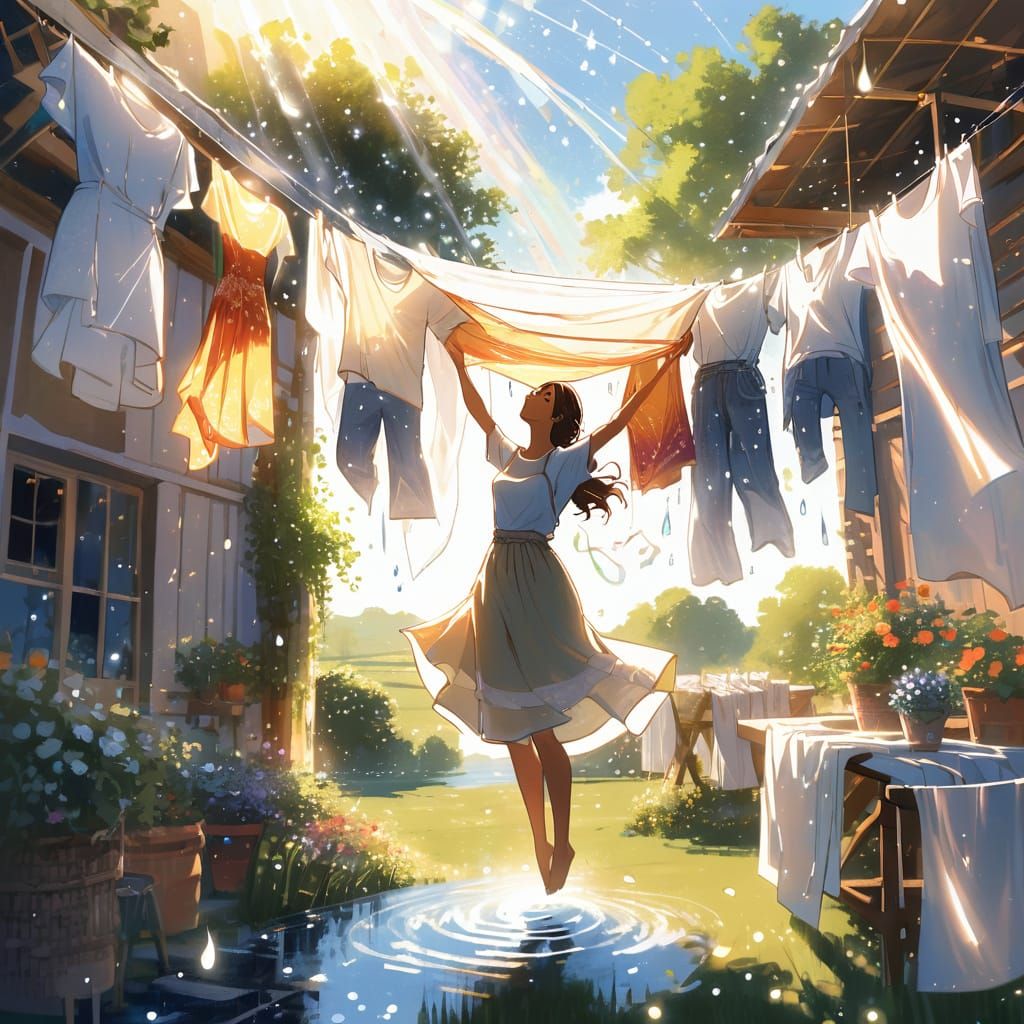 Magical Laundry Day in a Sunlit Garden