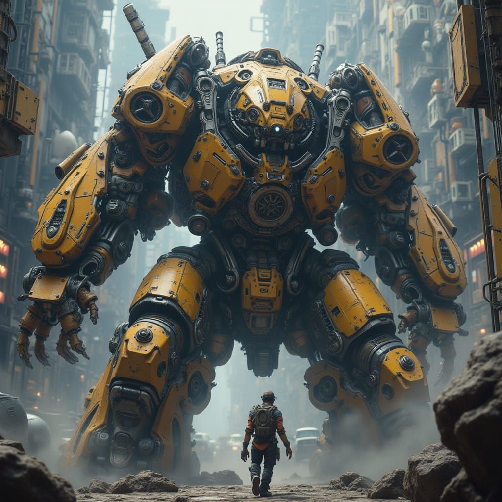 Steampunk Mecha City Fight: Dramatic Lighting & Detail