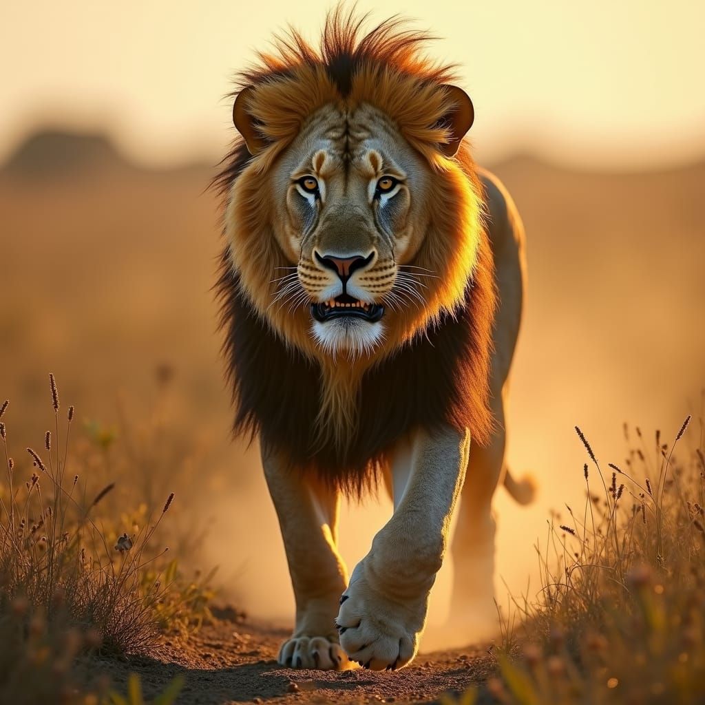 Majestic Lion Roaming Freely in Savannah Sunlight