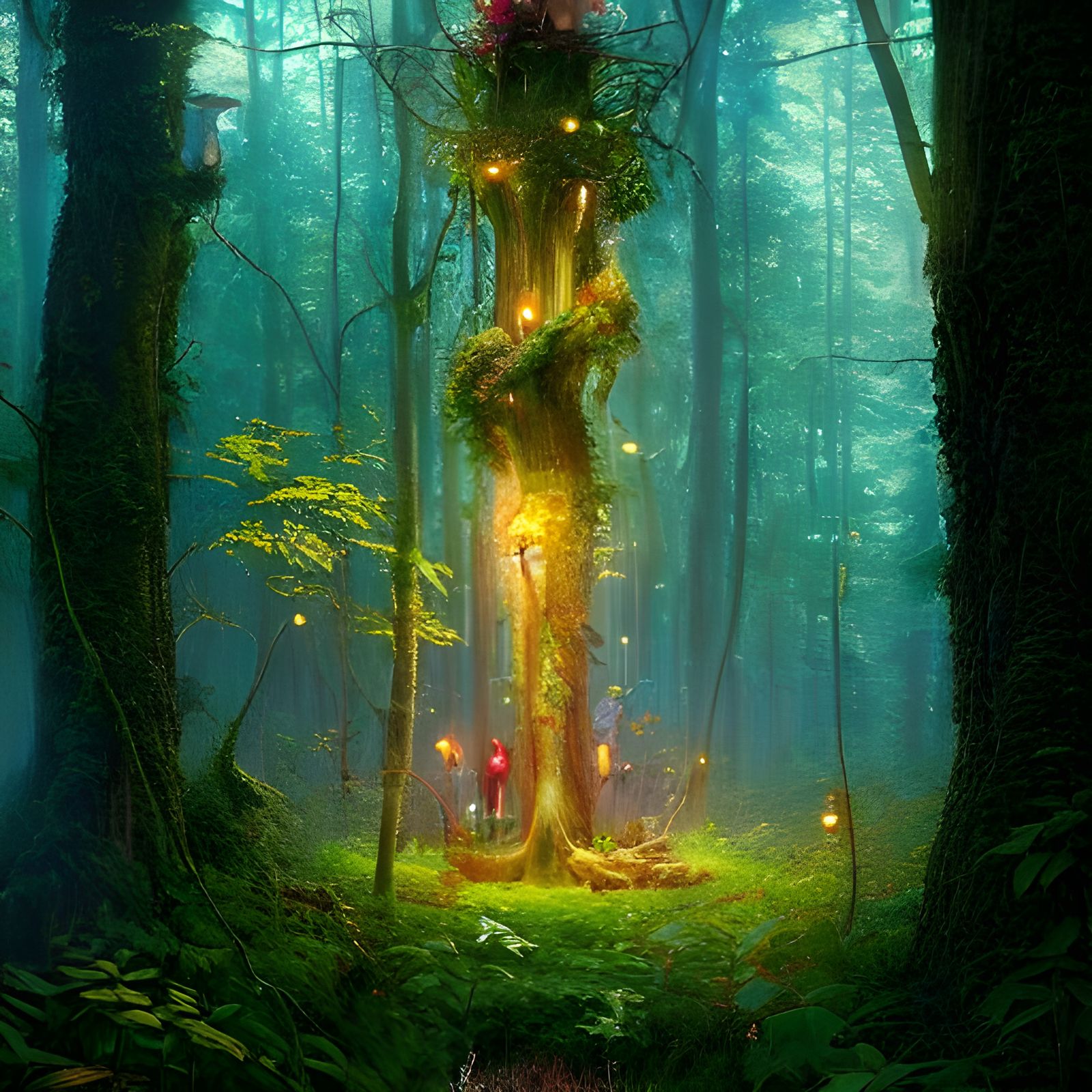 Enchanted Forest with Colorful Fireflies Digital Painting