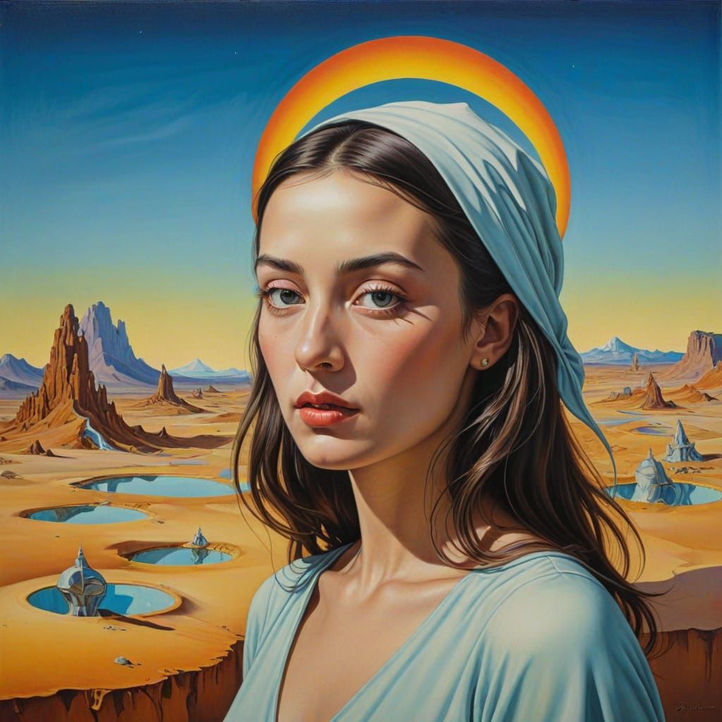 Girl in Vibrant Moebius Surrealism on a Melting Matte Backgr...