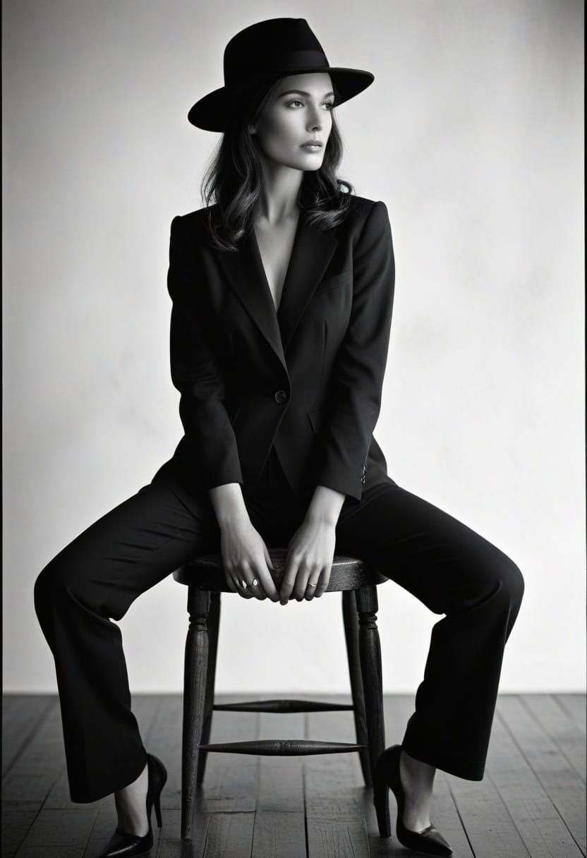 Sophisticated Woman in Vintage Chair against Black and White...