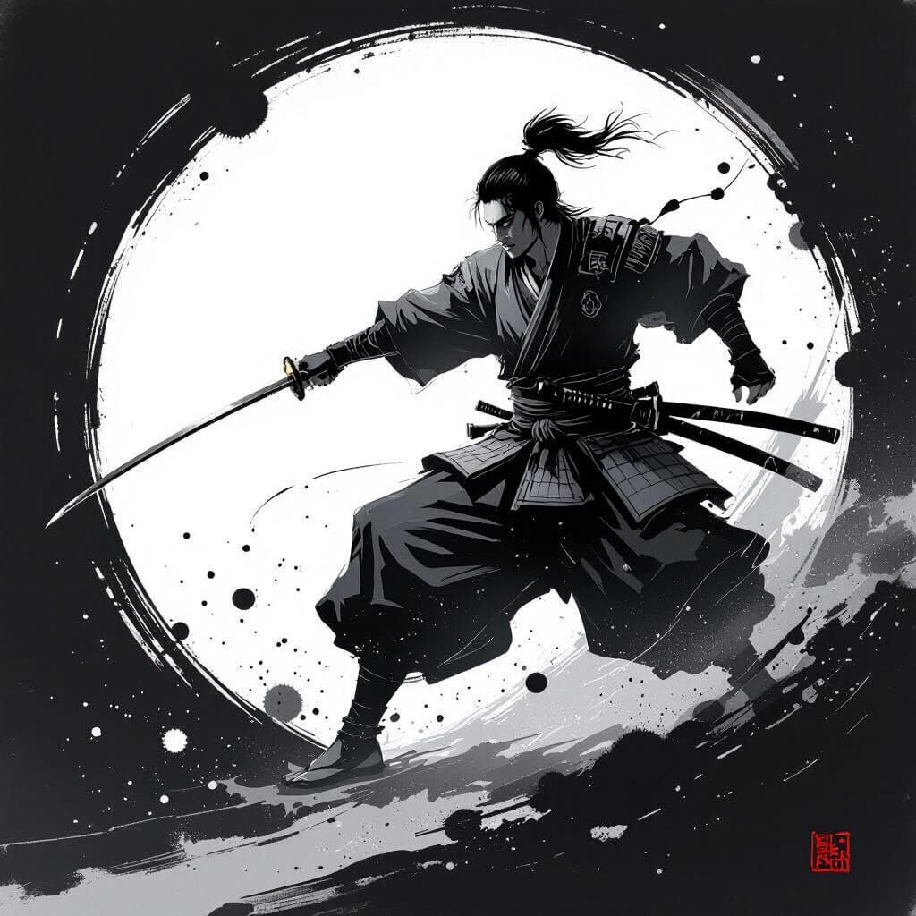 Dynamic Samurai Drawing in Japanese Calligraphy Style