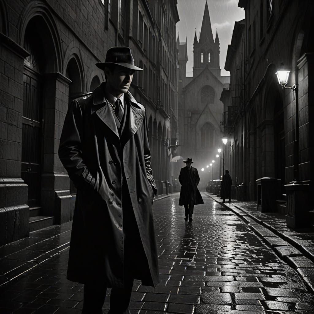 Noir Detective in Rainy Alleyway Film Still