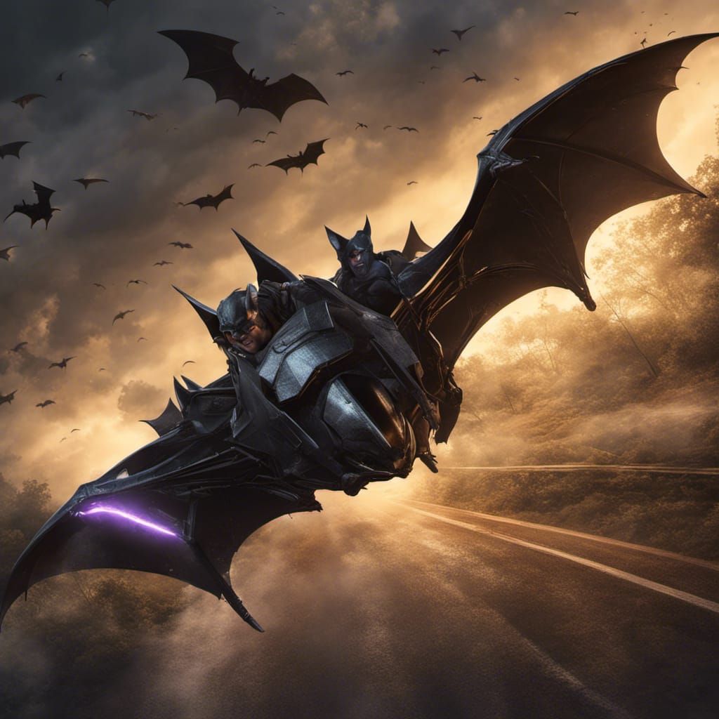 Winged Batmobile: Hyperrealistic Splash Art in Neon