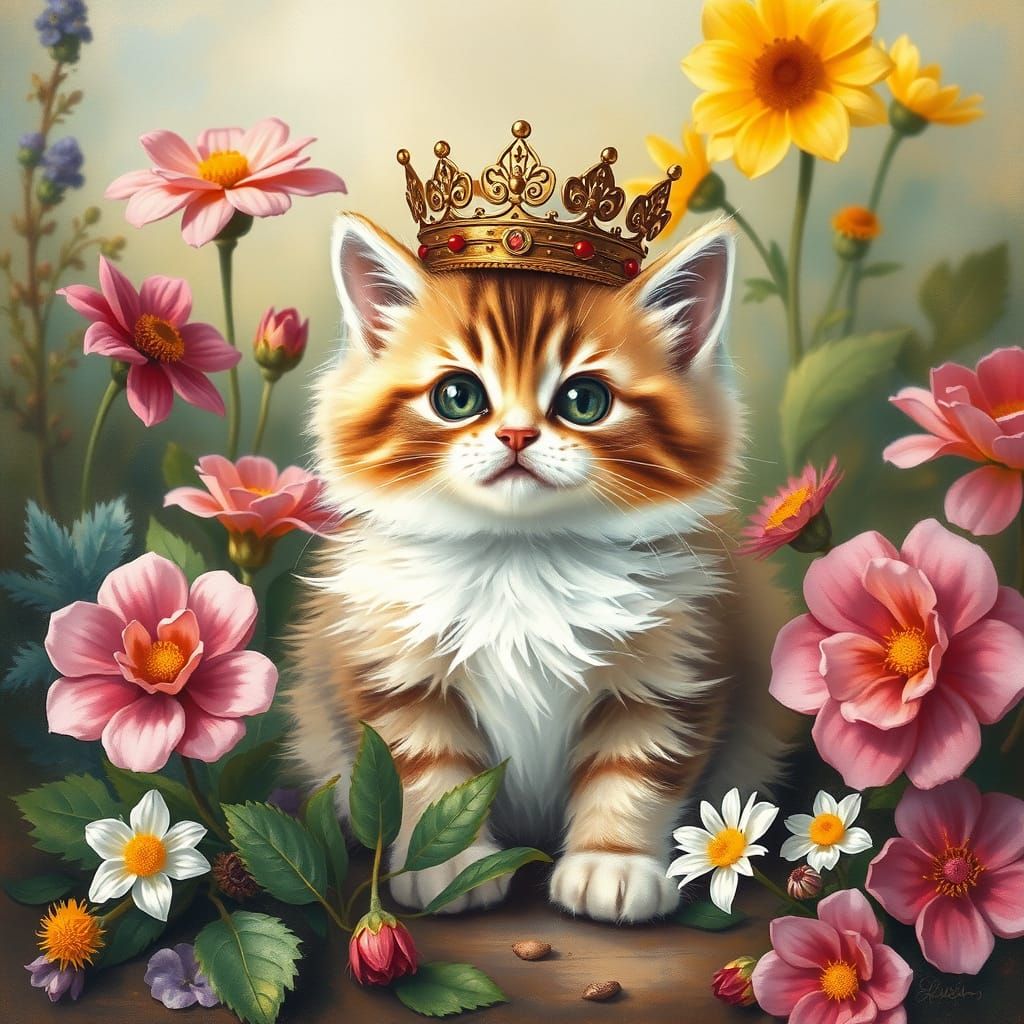 Regal Kitten in a Garden, Gouache Still Life