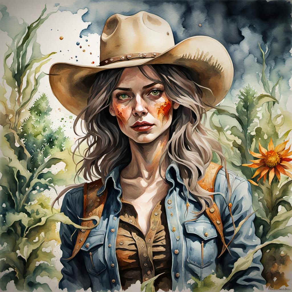 Grotesque Cowgirl: A Gothic Watercolor Masterpiece