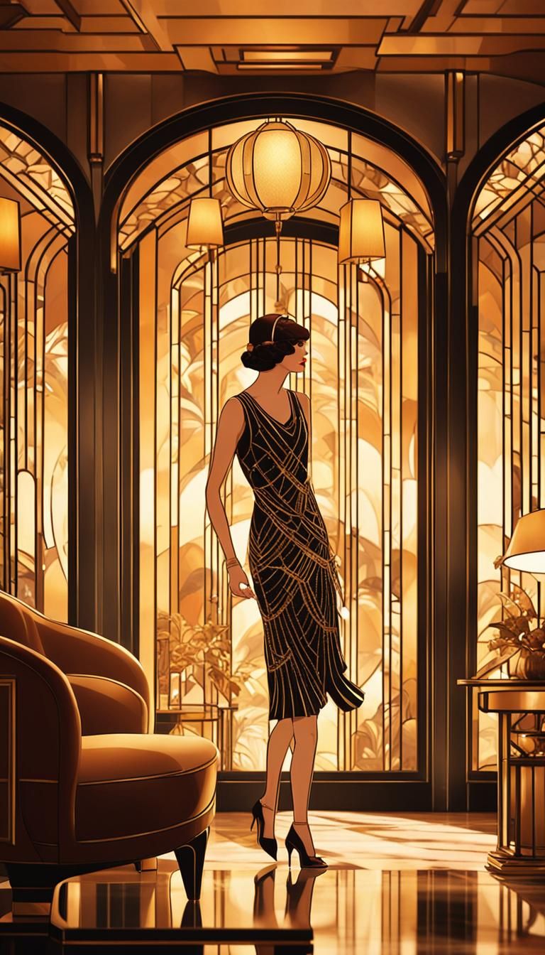 Flapper in Art Deco Apartment with Sunset Glow