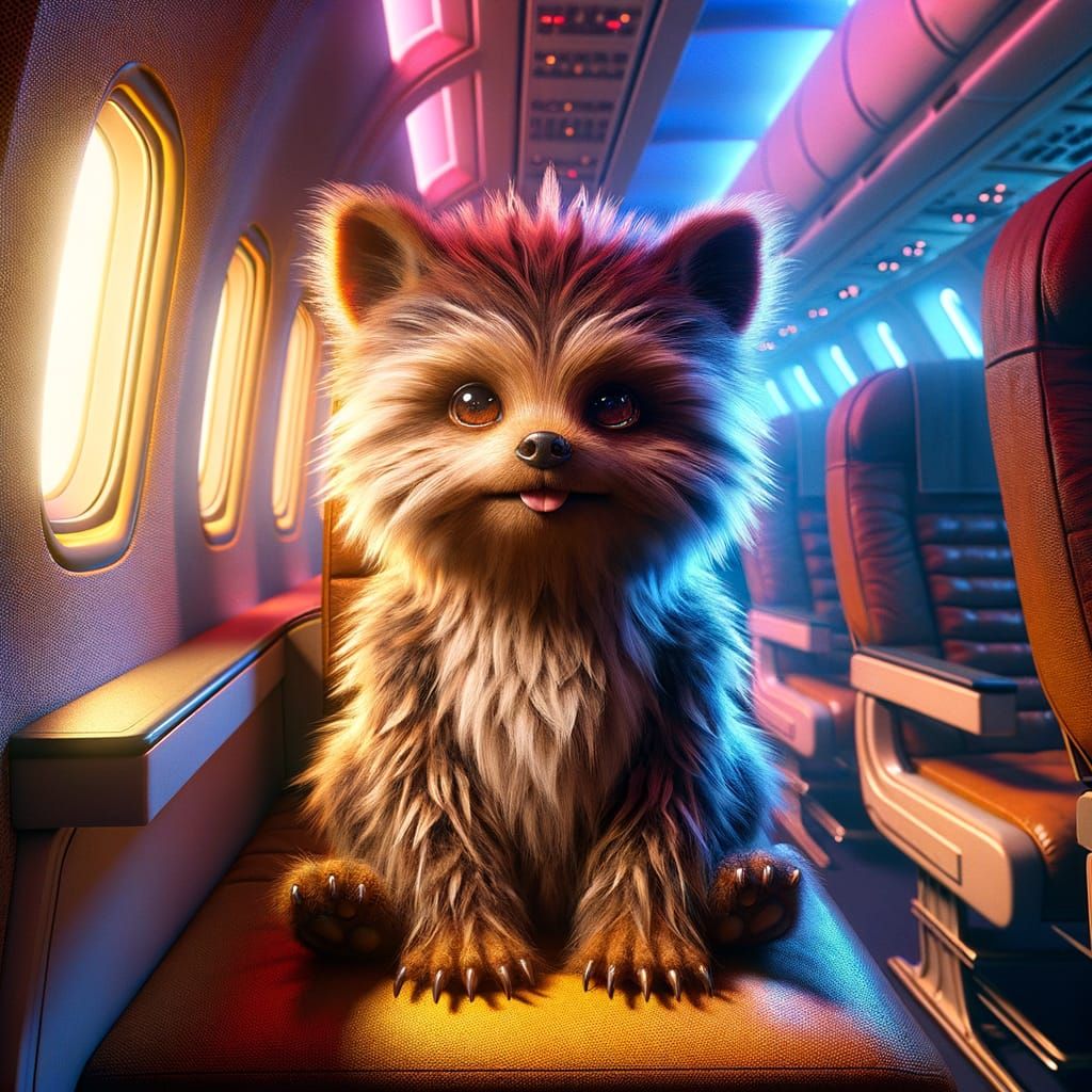 Hyperrealistic Ewok-like Creature on an Airplane