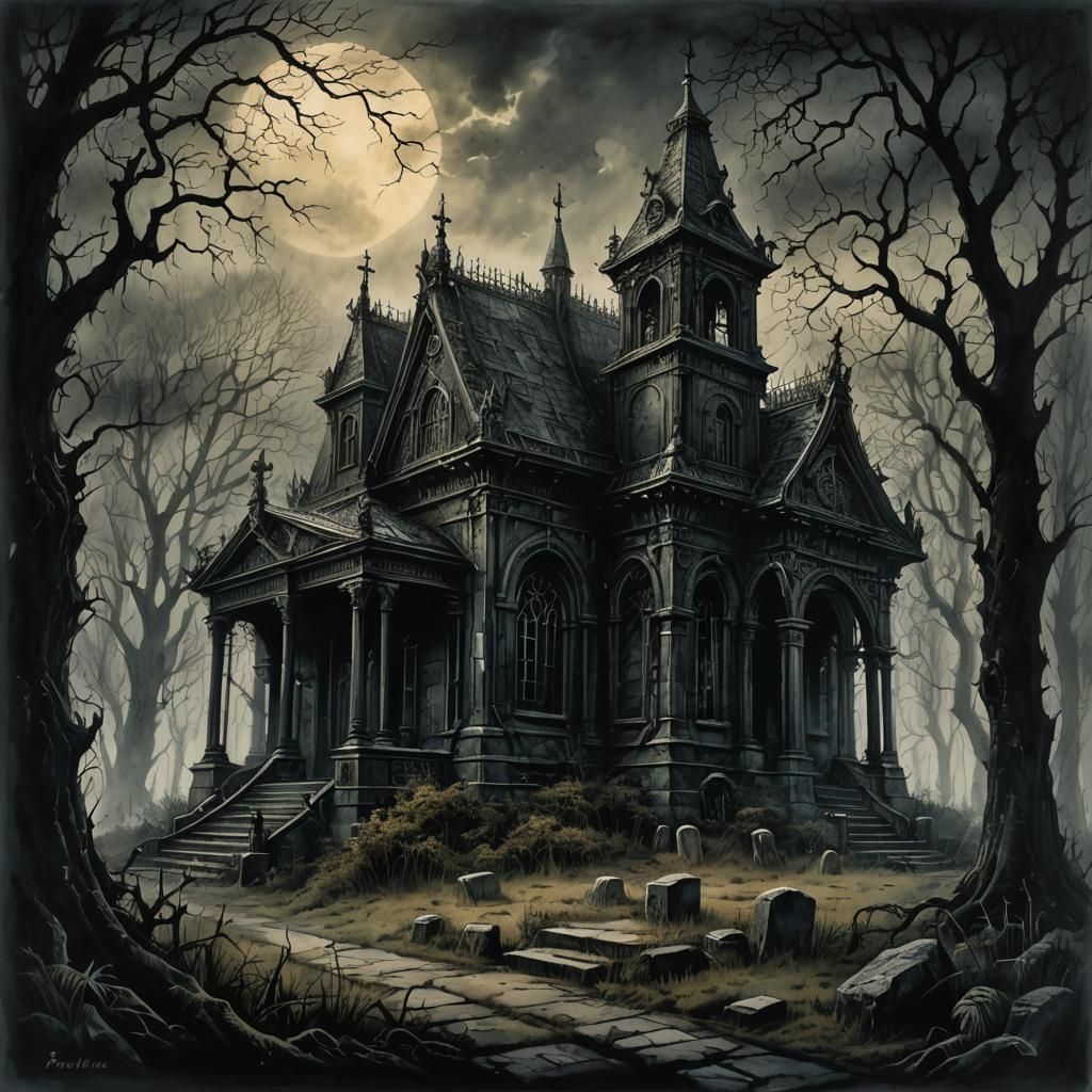 Sinister Mausoleum in Overgrown Graveyard, Ink and Watercolo...