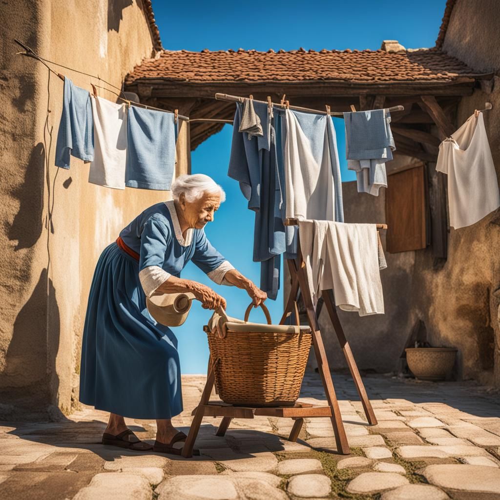An old woman washing her clothes
